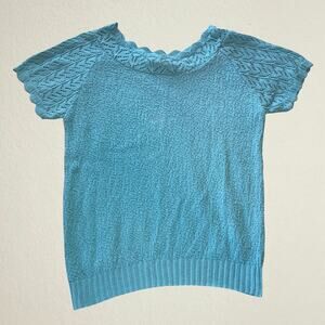 Vintage blue sweater knit top crochet sleeves, coquette cottagecore twee preppy